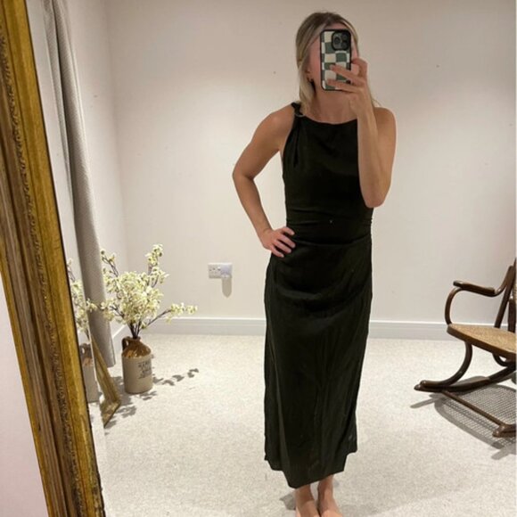 Zara dark green linen-blend midi dress twisted shoulders - S - Picture 1 of 3
